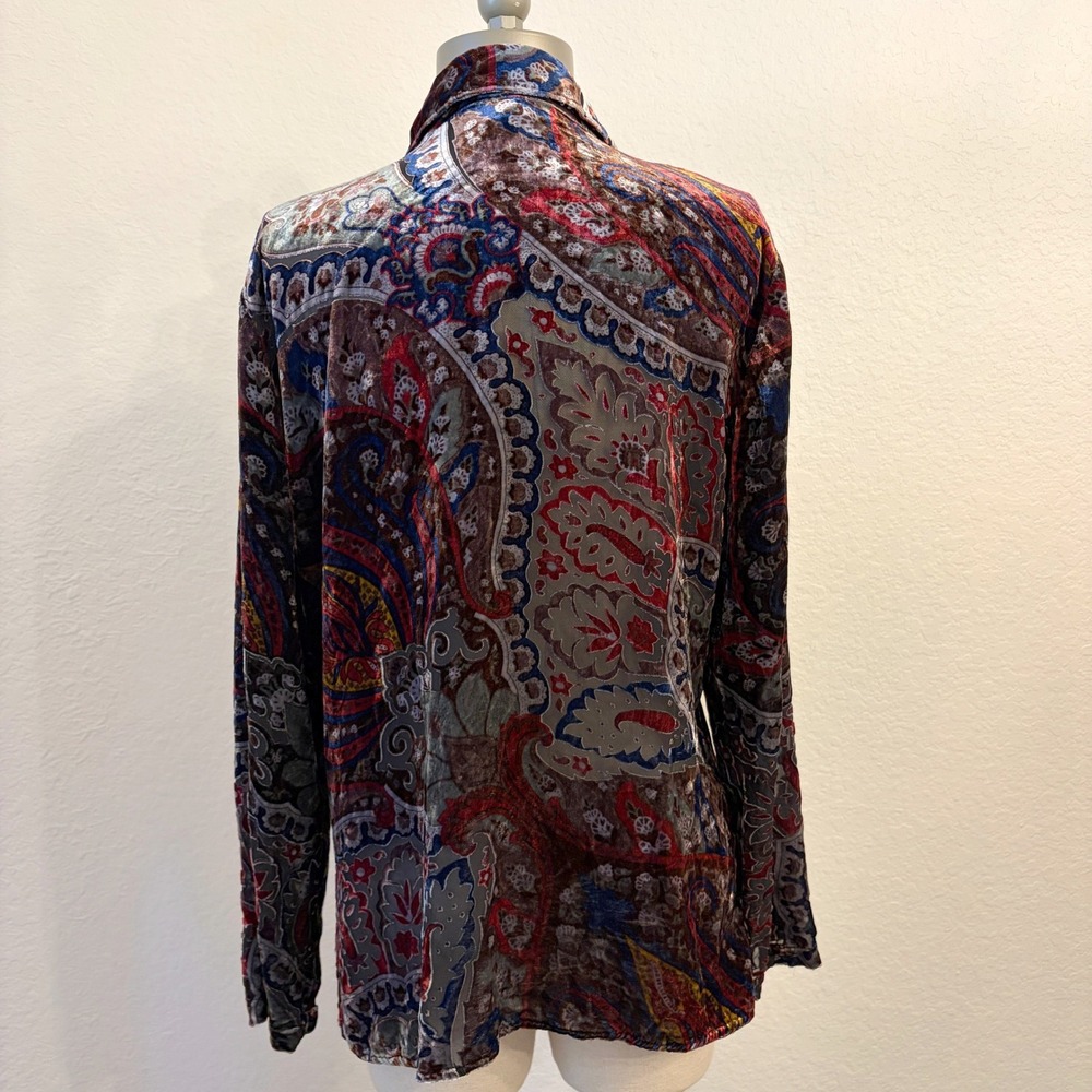 Vintage Silk Blend Velvet Burnout Button Up Shirt M Y2K Paisley Whimsigoth Sheer - Picture 4 of 11